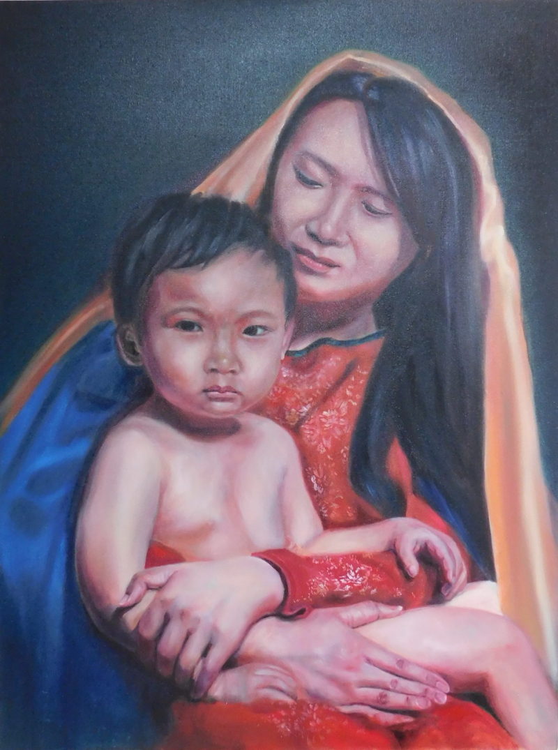 Taiwanese of Madonna and Child with Hakka Flower